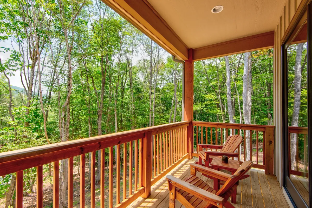 A wooden deck featuring Adirondack chairs overlooks a peaceful forest. The scene suggests a tranquil spot for birdwatching, sipping coffee, or spotting wildlife at sunrise. Seasonal changes in foliage are visible, reflecting the dynamic natural setting.