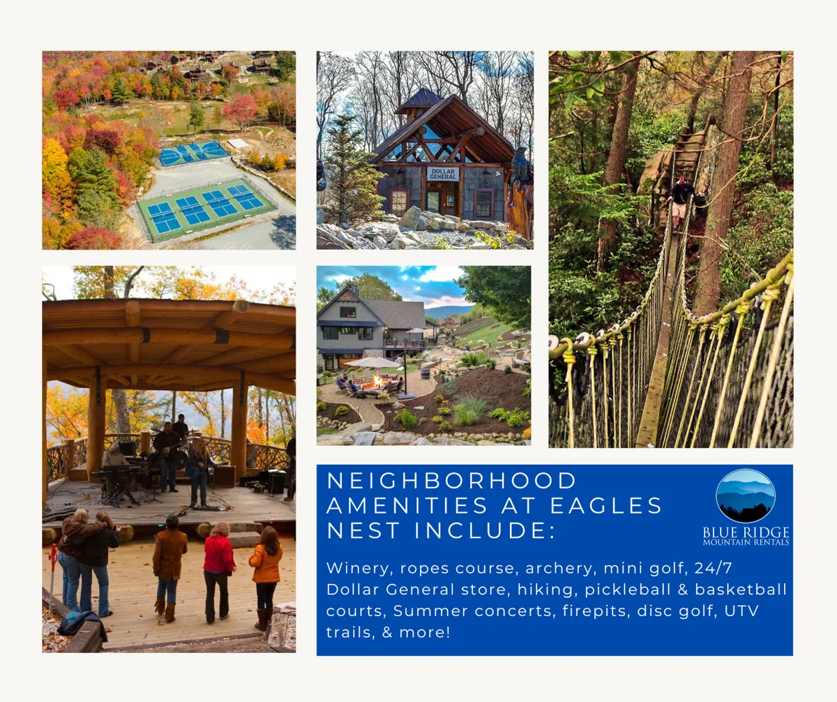 A wide-angle view of Eagles Nest resort amenities, including hiking trails, a ropes course, sports courts, a concert stage, and mini golf, all set amid luxurious cabins and vibrant natural scenery.